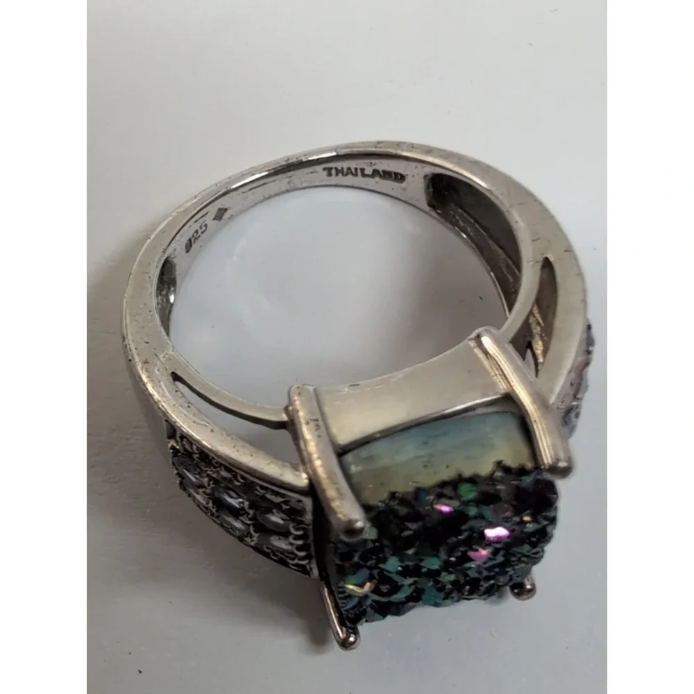 Vintage‎ Multi-Color Druzy 925 Sterling Silver  Ring Size 7 US